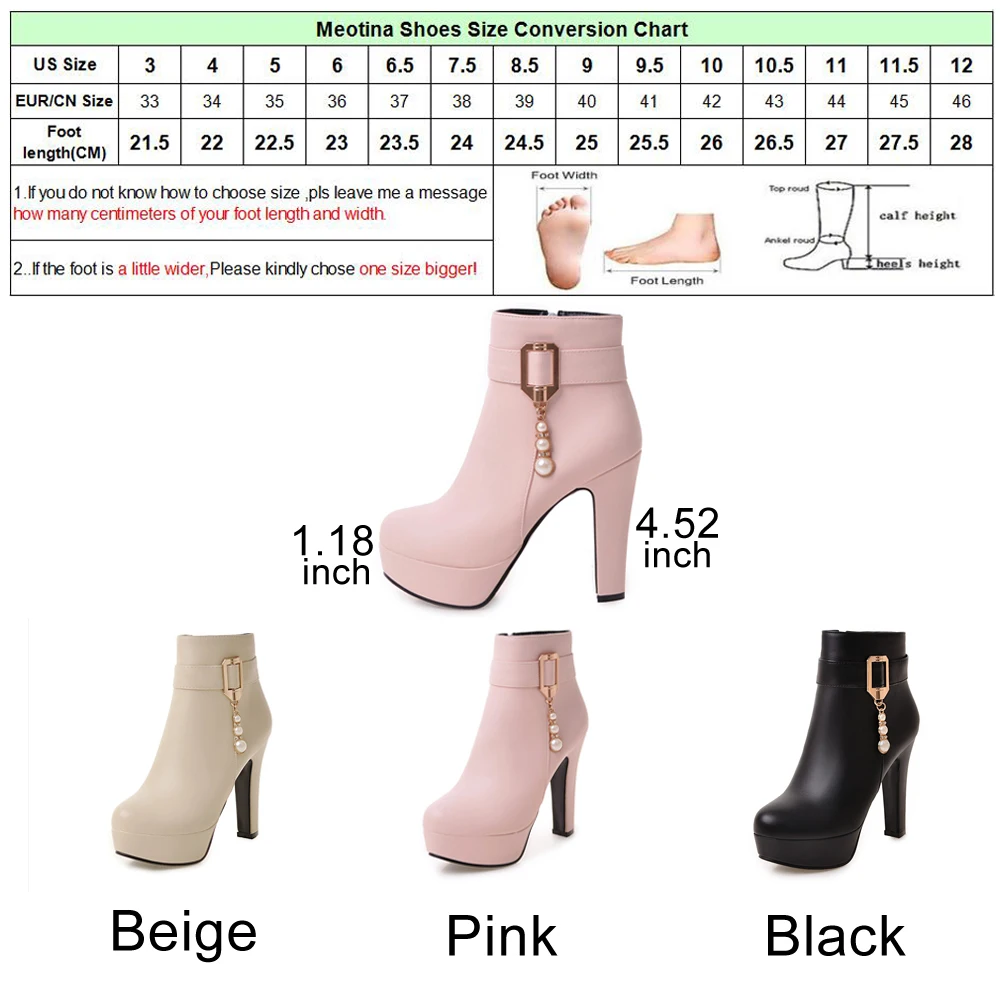 Meotina/Зимние ботильоны; женские ботинки на платформе с мехом, Украшенные бусинами; обувь с пряжкой на высоком каблуке, на молнии, с круглым носком; женская обувь бежевого цвета; Размеры 33-45