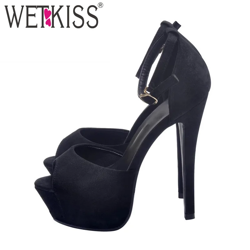 

WETKISS Ankle Strap Sandals Women Peep Toe Footwear Fashion Party Shoes Female Flock Platform Shoes Woman Summer Plus Size 45