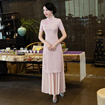 

Pink Women Chinese Traditional Qipao Elegant A-Line Summer Evening Gowns Aodai Dress Vintage Cotton Linen Long Cheongsam S-3XL