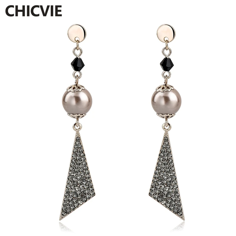 

CHICVIE High Quality Women Simulated Pearl Geometric Design Double Triangle Drop Earrings Gold Color Jewelry Earrings SER170009