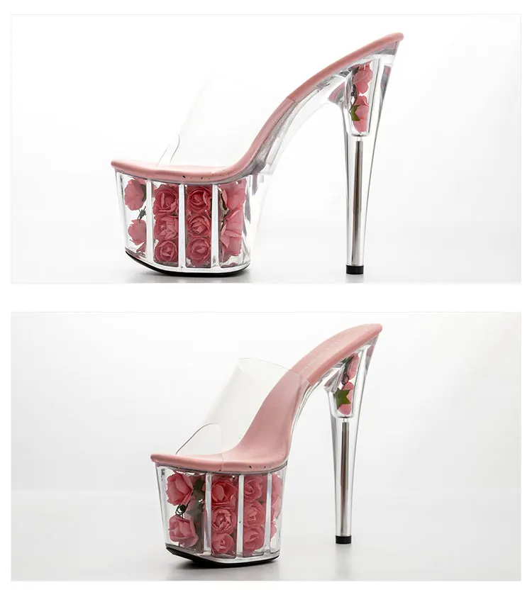 Женские шлепанцы на платформе; обувь на ультравысоком тонком каблуке 17 см с цветочным принтом; Прозрачная женская обувь сандалии; тапочки