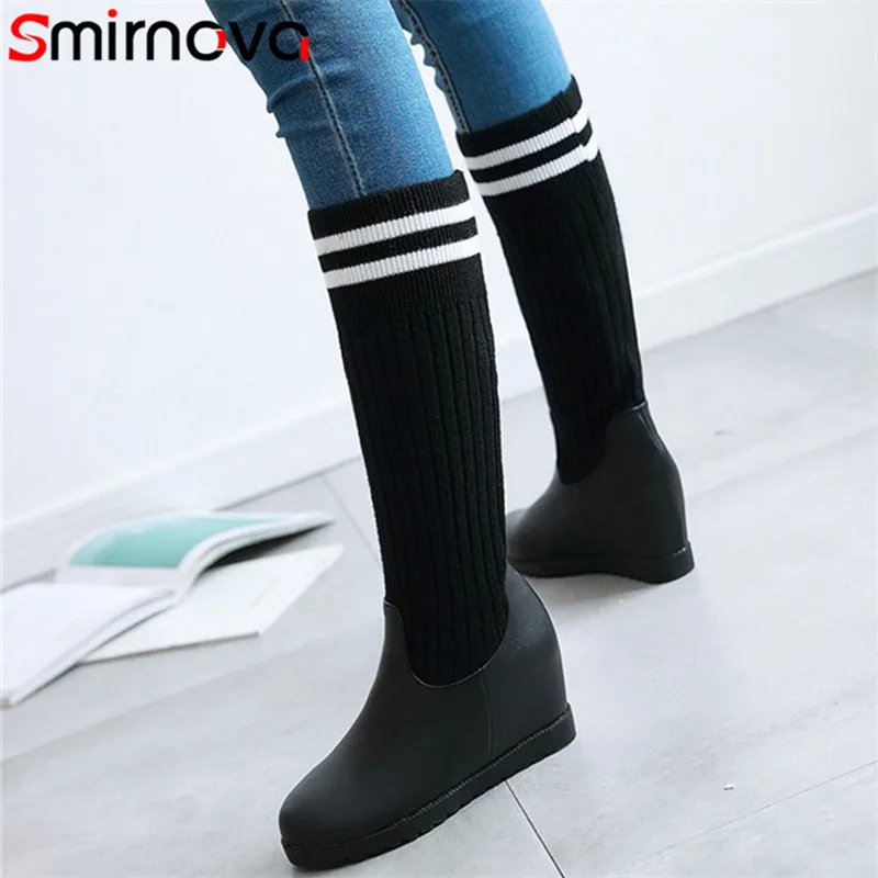 

Smirnova HIGH fashion 2018 big size knitting+pu leather sock boots casual wedges long boots black warm knee high boots woman