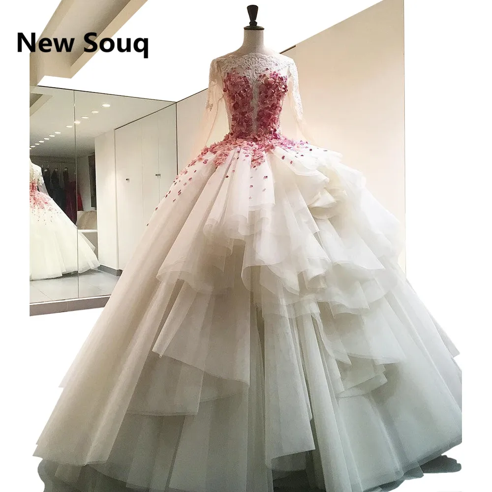 

New Ball Gown Wedding Dresses Applique Lace Long Sleeves Wedding Dress Custom Made Tulle Wedding Gowns vestido de noiva