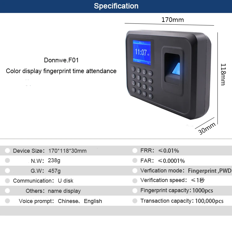 Биометрический отпечаток пальца машина посещаемости времени часы рекордер распознавание сотрудников офисное устройство электронный пять языков