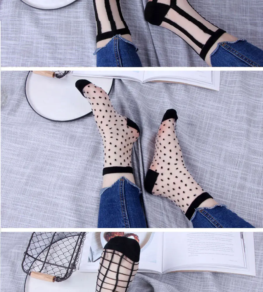 LIONZONE недавно для женщин корейская мода кружево рюшами Кристалл Шелковый лодыжки носок стекло черные пикантные тонкие прозрачные носки