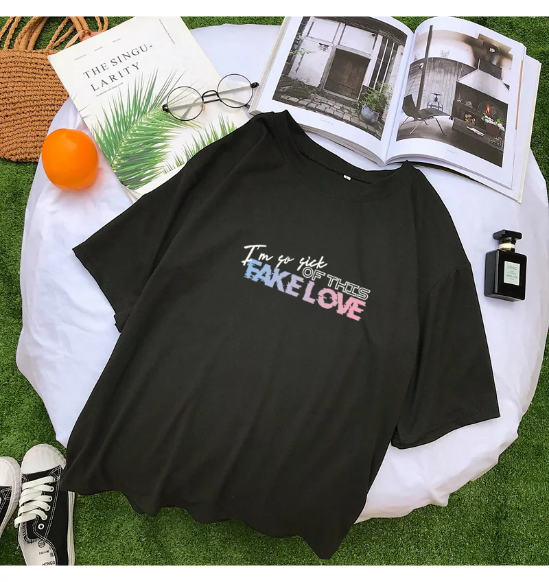 BTS Kpop Fake Love Letter Print Summer T Shirt Women Short Sleeve Fashion Casual Harajuku Tshirt Streetwear Tee Shirt Femme Tops (6)