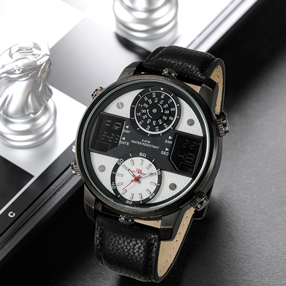 2018 Luxury Sport Watch Men Leather Waterproof Big Dial Mens Quartz Digital Watch Dual Time Male Clock montre homme reloj hombre