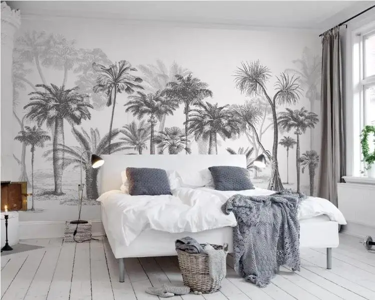 Обои на заказ черный и белый эскиз тропических лесов кокосовой пальмы скандинавском ТВ диван фон 3d обои