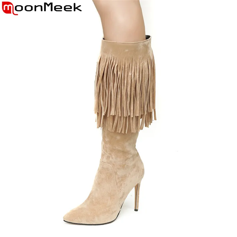 

MoonMeek 2020 new arrival knee high boots pointed toe zip fringe autumn winter boots elegant prom boots ladies shoes plus size