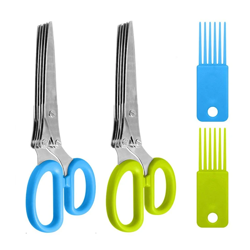 Multi-functional 5 Layer Herb Scissors Stainless Steel Scallion Scissors Kitchen Shears Knives Cutter Mincer Cooking Utensils (2)