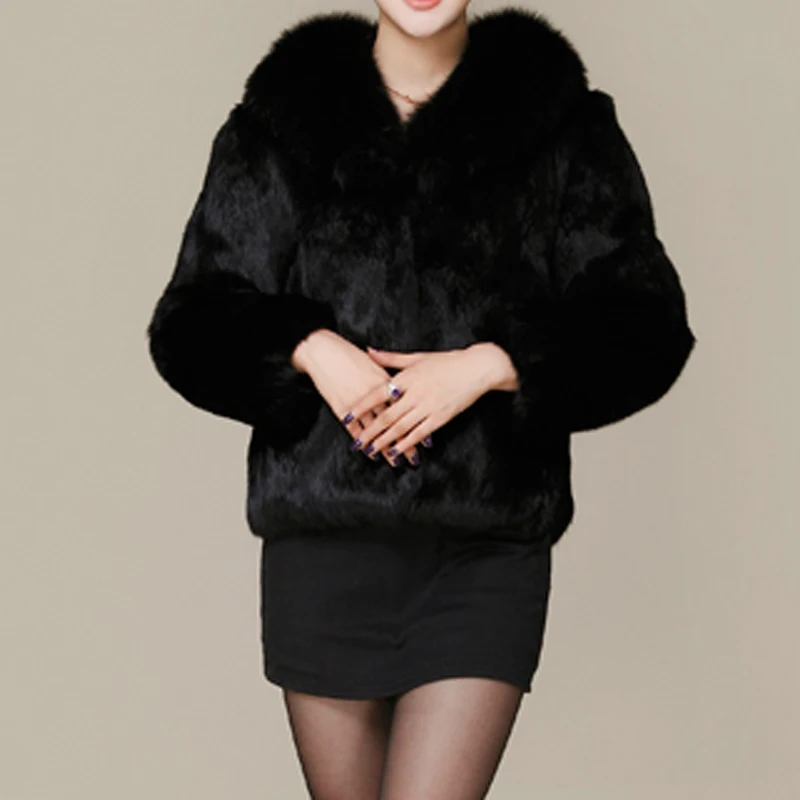 2017 New Fashion Whole Skin Rabbit Fur Jacket with Luxury Real Fox Fur Coat Customize Plus Size Low Discount Factory Fur KSR31