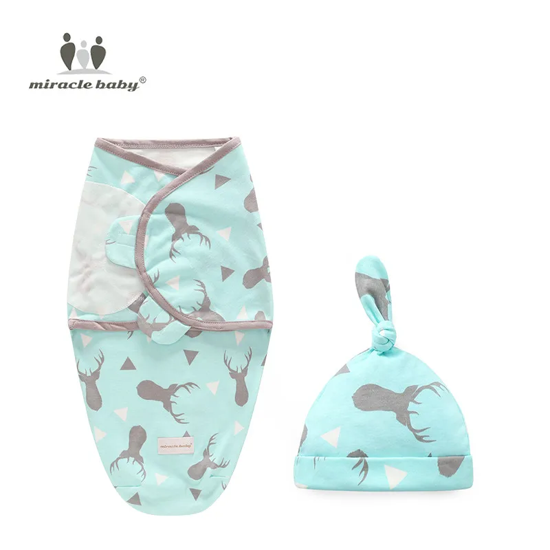 2 Pieces Set Newborn Swaddle Wrap+Hat Cotton Baby Receiving Blanket Bedding Cartoon Cute Infant Sleeping Bag For 0-6 Months - Color: Grey fawn Set S