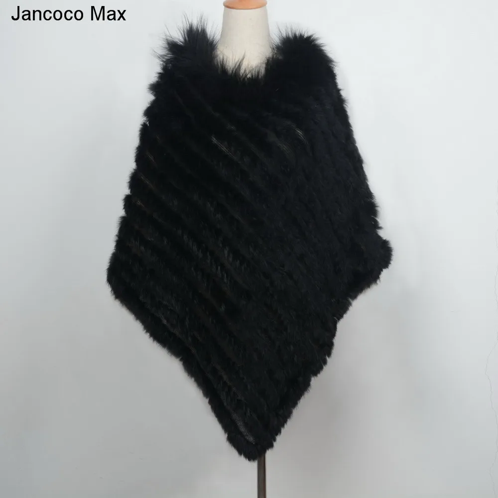 Jancoco Max Новое поступление Настоящее кроличье меховое Вязаное пончо воротник из меха енота шали женские зимние накидки пуловер S7110