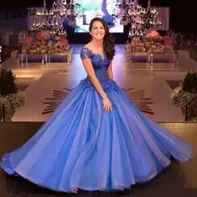 Королевский синий кепки рукава бальное платье платья Sheer шеи Кружева Аппликация Длинные Выпускные платья из органзы Пышное Бальное Платье