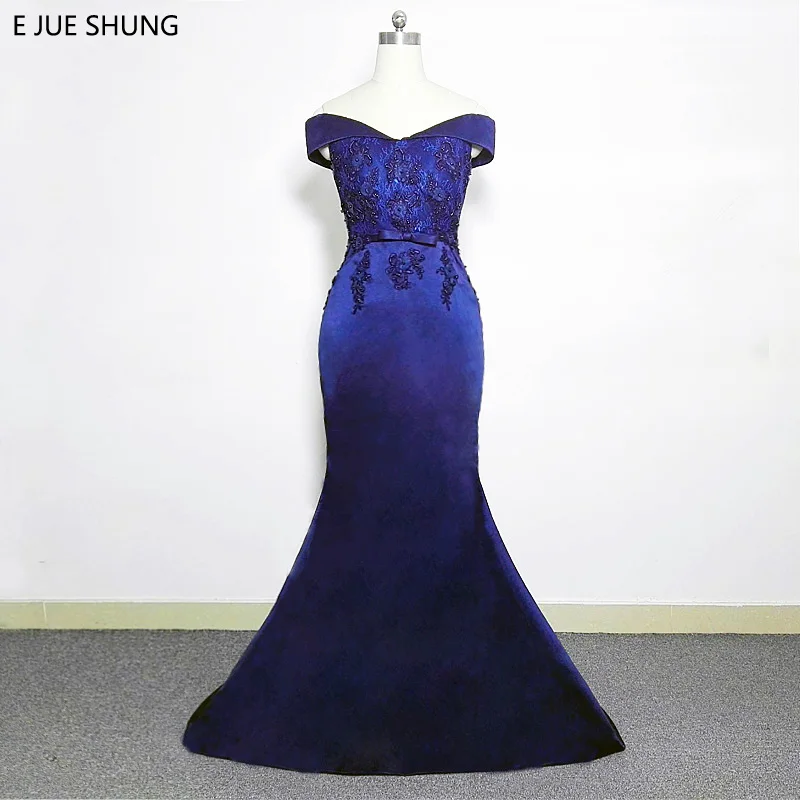 E JUE SHUNG Dark Navy Blue Lace Mermaid Evening Dresses Long 2018 Off the Shoulder Sexy Prom Dresses Long Party Dress abiye E JUE SHUNG Dark Navy Blue Lace Mermaid Evening Dresses Long 2018 Off the Shoulder Sexy Prom Dresses Long Party Dress abiye