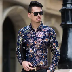 2019 Camisa цветочный Masculina Slim Fit с цветочным принтом шелковые рубашки мужские рубашки бронзового цвета клуб наряды социальных фантазии Chemise Homme