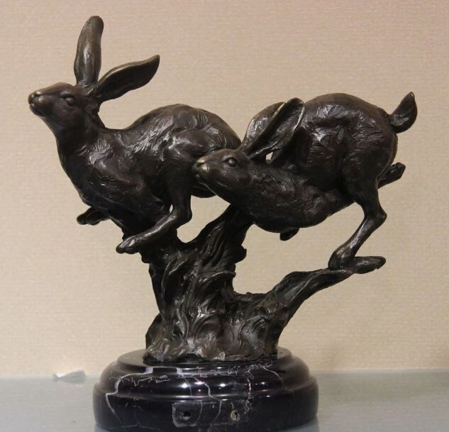 

Western Art Deco Bronze Copper & Marble Two Run Rabbit Artwork Statue Sculpture