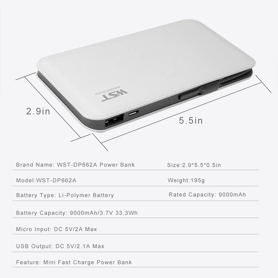 WST портативный внешний аккумулятор для мобильного телефона, 9000 мАч, внешний аккумулятор, аккумулятор для samsung, Xiaomi, зарядное устройство
