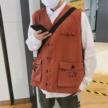 

2019 Men's Fashion Trend Letter Printing Pattern Vest Male Jacket Sleeveless Cargo Clothes Grey/red/green Color Loose Vests