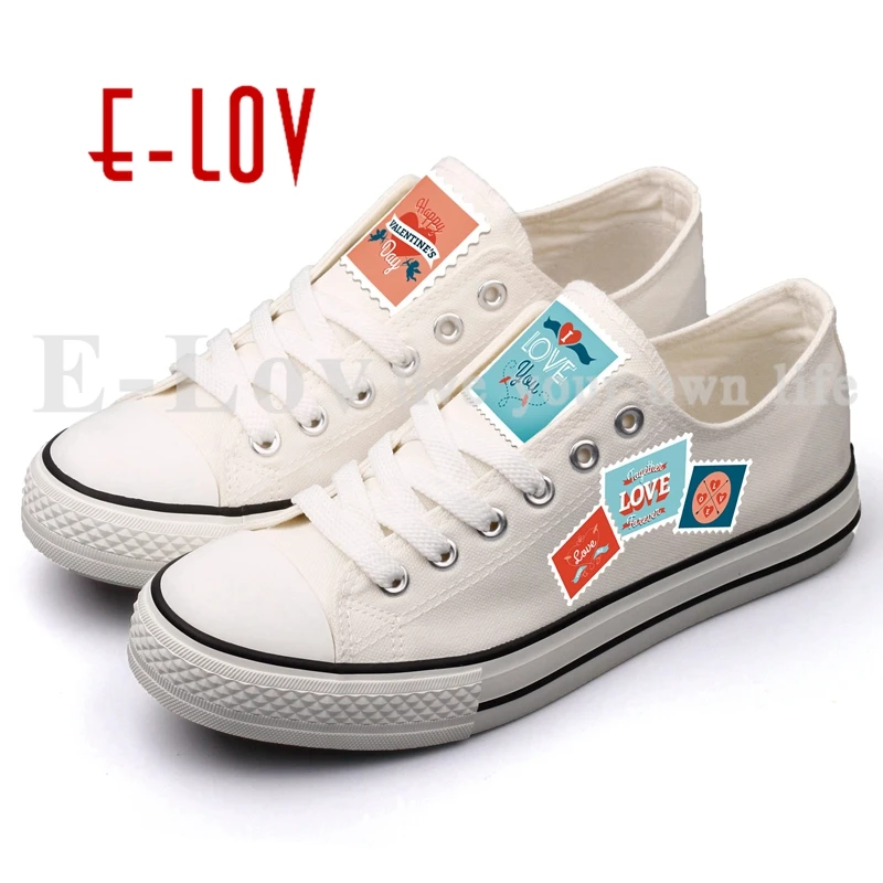 

E-LOV Retro Style Postage Stamp Emblem Printing Canvas Shoes Lace-up Women Casual Leisure Shoe Espadrilles DIY Valentine Gifts