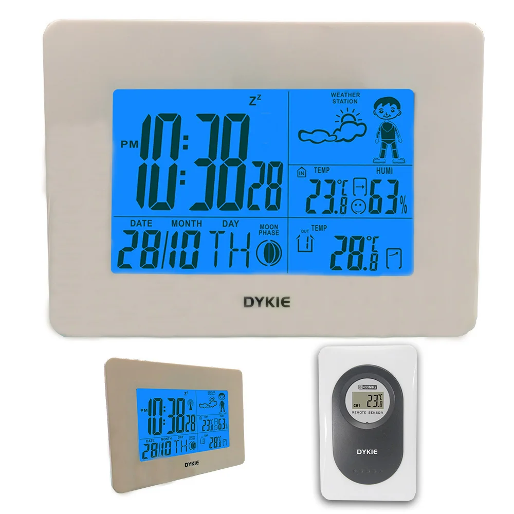 

DYKIE White Wireless Weather Station with Digital Alarm Clock Indoor Outdoor Temperature Humidity Remote Sensor for Home Office