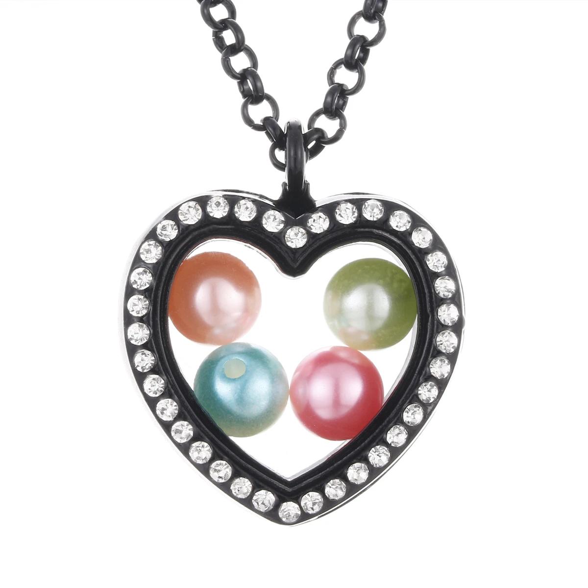 

Black Heart Living Memory Diameter 8mm Beads Pearl Cage Glass Magnetic Floating Locket Pendant Rhinestone Necklace Gift