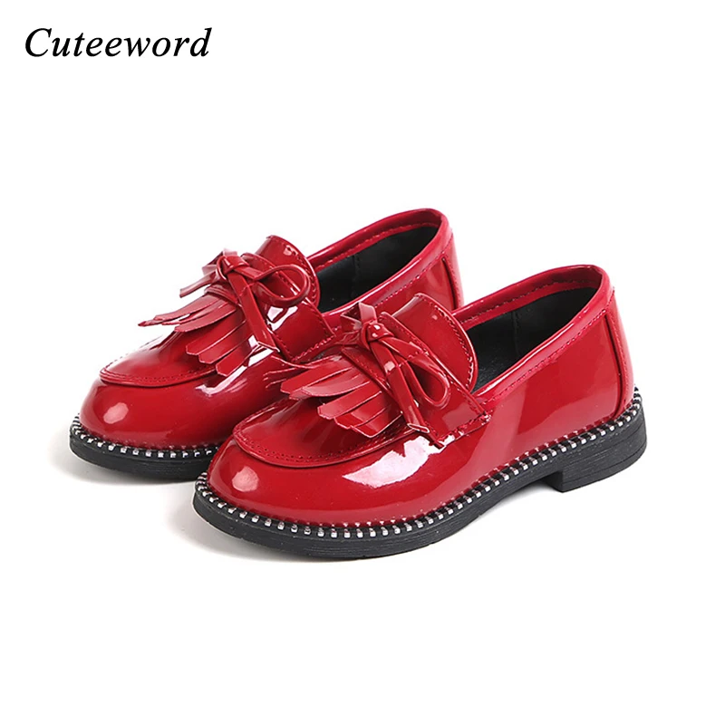 Autumn new girls black leather school shoes bow tassel soft bottom