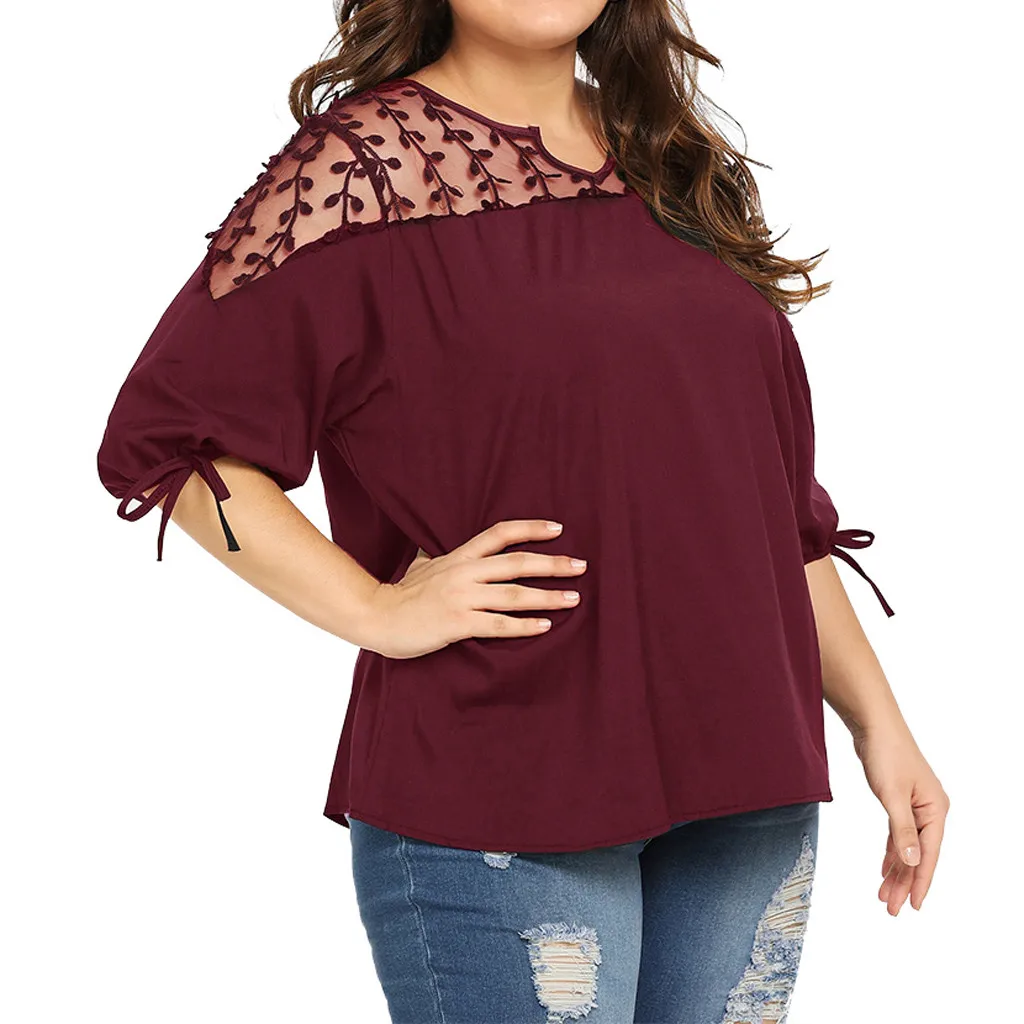 Plus Size Summer Fashion Casual Chiffon Tops Bow Blouse Mesh Tee Top Female Women's Half Sleeve Shirt  