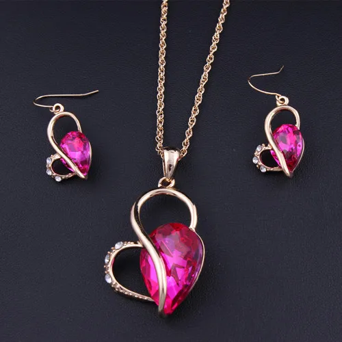 

SWOUR New Jewelry Gold Rhinestone Rose Red Austria Crystal Heart Water Drop Necklace + Dangle Earrings Jewelry Sets N655