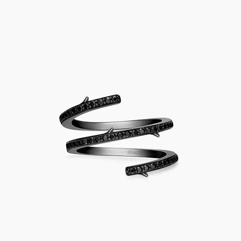 

Brand New Arrvial Black Crystal Thorns Wire Rings Three layers S925 Sterling Silver Geometric AAA Zircons Barbed Ring Jewelry