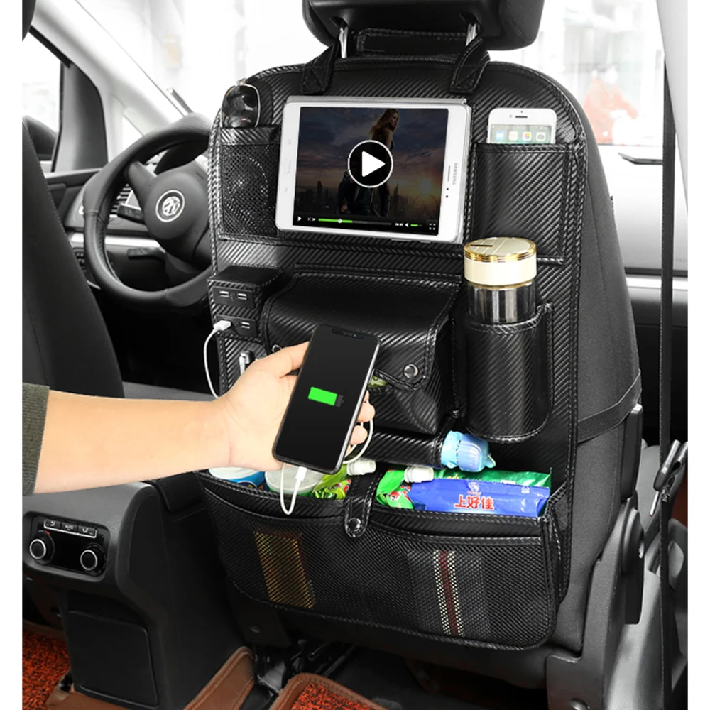 

Car Seat Back Storage Bag Car Organizer Drink Tissue Phone Pad Holder With USB Charger Stowing Tidying Pockets Auto Accessories
