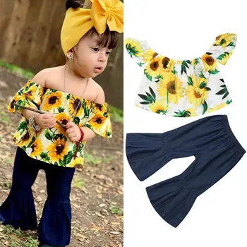

Toddler Baby Girl Clothes Off-Shoulder Sunflower Tops+Flare Pants Casual Outfits Set