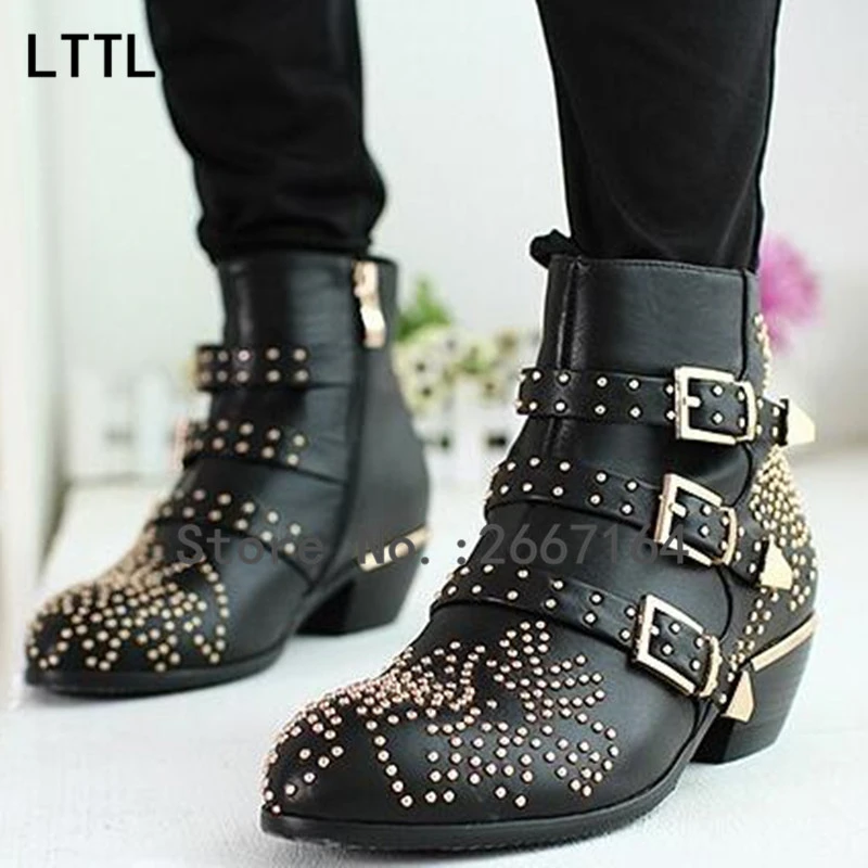 Nuevos Remaches de Botines Hebilla Correas Talón Grueso Botines Tachonado Decorado Negro Motocicleta Botas Invierno Botas de Nieve|snow boots|black bootsankle boots - AliExpress
