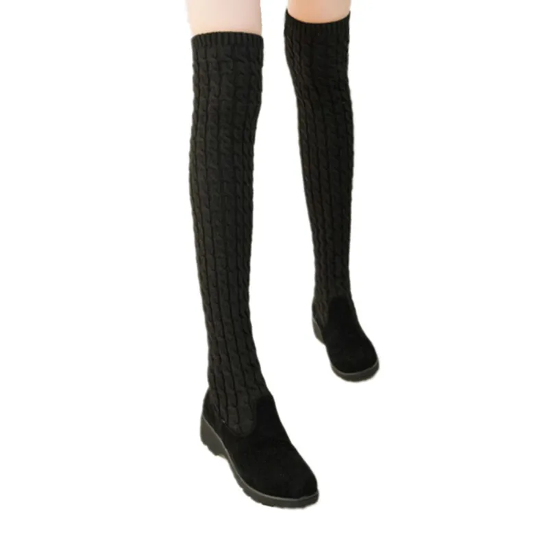 fashion autumn winter boots Stretch strap woman boots warm over the knee high boots women shoes round toe down fur 856 - Цвет: Черный