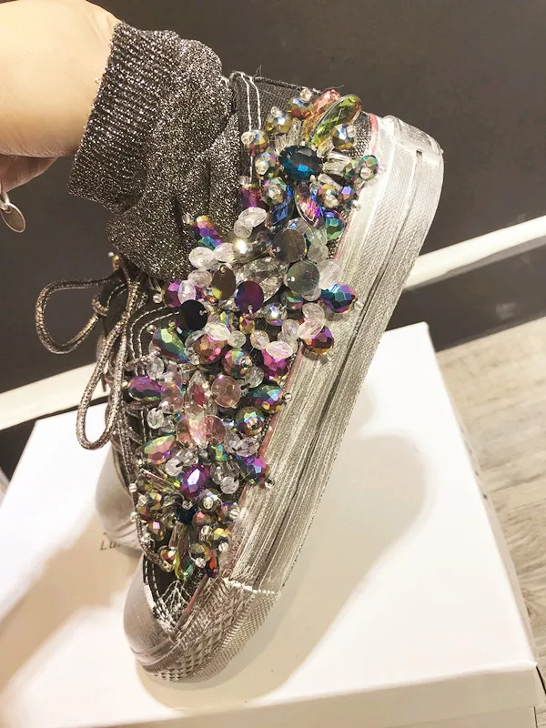 

New Handmade Women Canvas a Shoes Flat Rhinestones Heavy Metal Distressed Retro Shoes Lace Up Beads D1