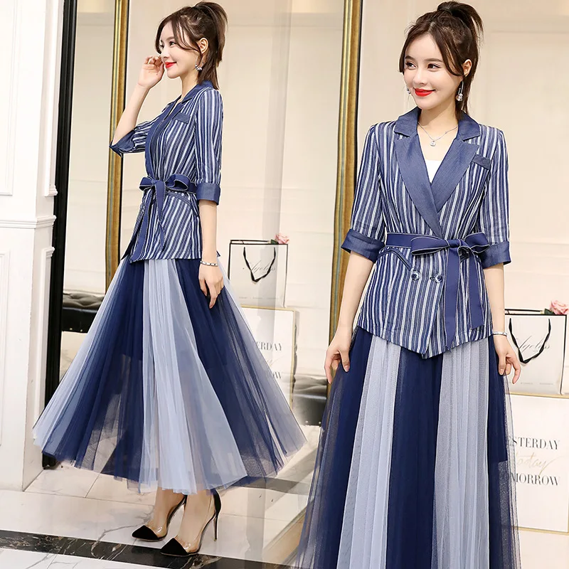 

new 2019 fashion Women's stripe blazer with mesh pleated skirt suit set ladies formal blazer skirt set jacket skirt suits women