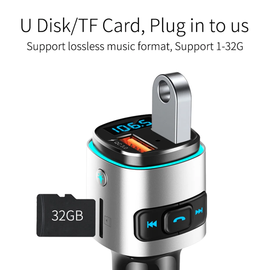 ANBES شاحن سيارة المزدوج QC3.0 USB بلوتوث 4.2 يدوي LED الهاتف شاحن بلوتوث سيارة كيت FM الارسال MP3 لاعب TF بطاقة