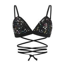 

V Neck Sleeveless Tank Top Women Summer Beach Bandage Metal Sequine Bra Body Chain Sexy Club Party Bustier Crop Tops