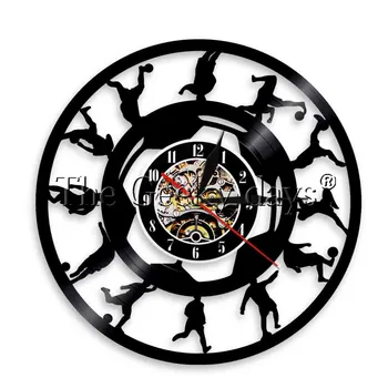 

1Piece Soccer Players Wall Silhouette Night Light Kicking Ball Vinyl Record Vintage LP Clock Sports Room Wall Decor