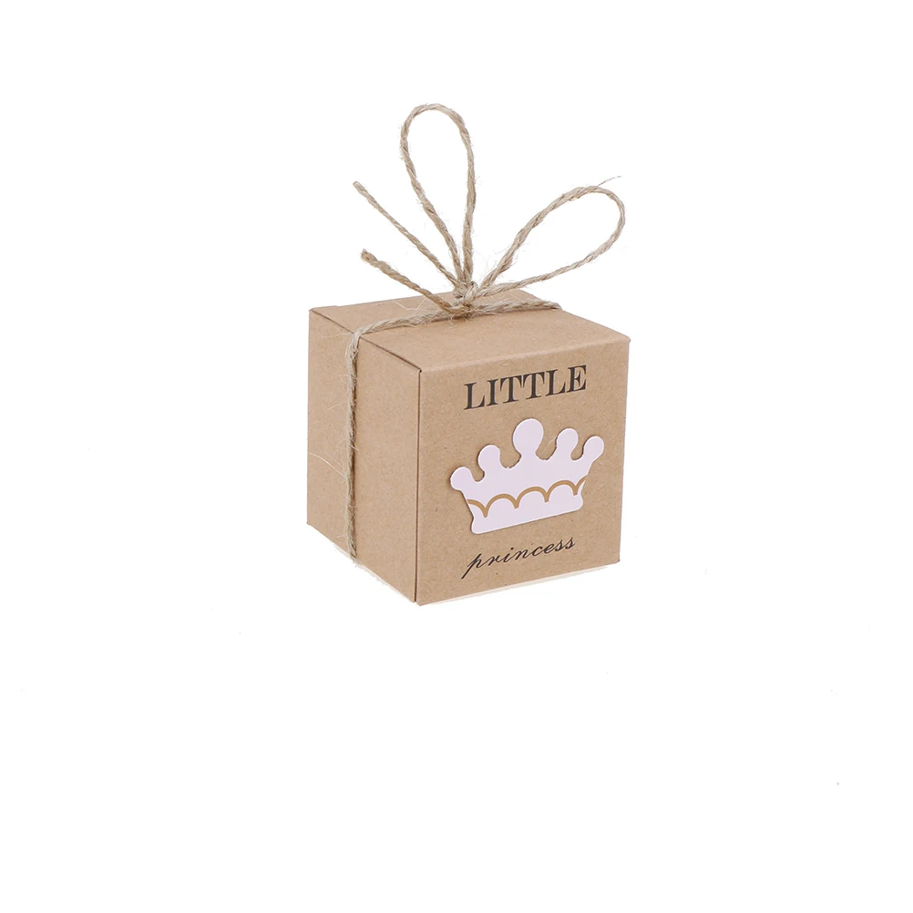 

Baby Shower Birthday Party Favors Candy Boxes with Crown and Twine Little Prince Princess Brown Kraft Paper Gift Box 10Pcs/lot