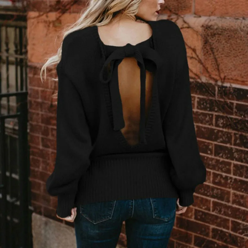 Пуловер с открытой спиной, сексуальный женский свитер на осень и зиму, джемпер с длинным рукавом, однотонный свободный свитер с бантом, Женский пуловер, вязаная одежда на осень - Цвет: Черный