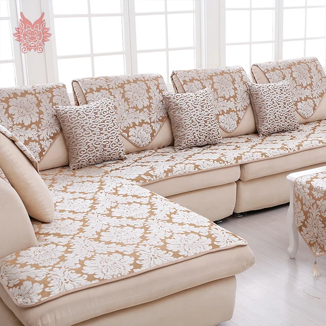 Europe style beige floral jacquard terry cloth sofa cover