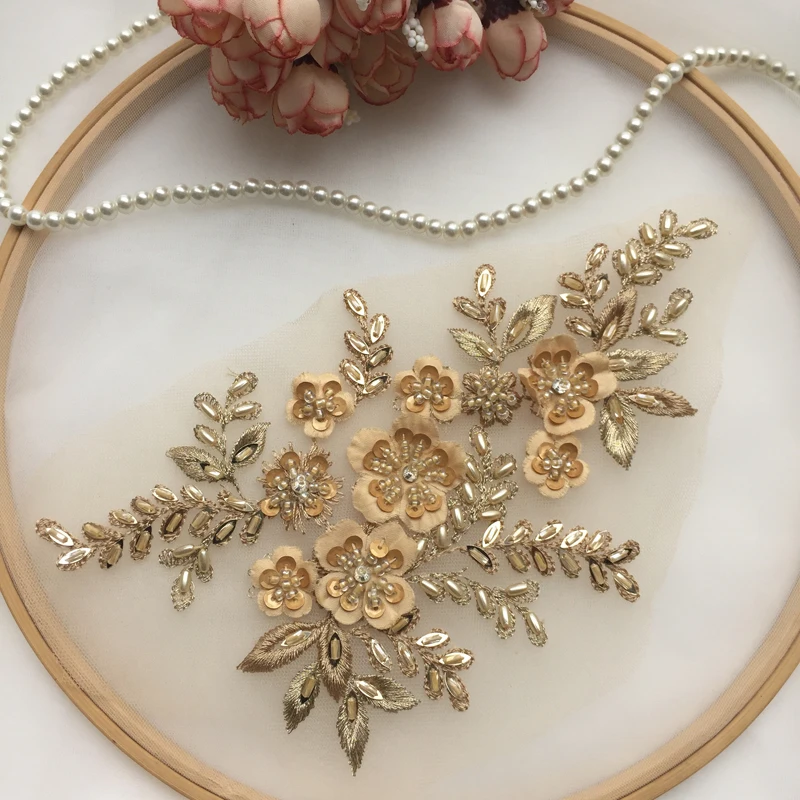 

Hand-made bead lace flower patch DIY wedding dress applique for dance dress