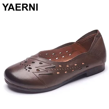 

YAERNI Handmade Genuine Leather Summer Shoes Women Loafers Slip On Casual Flat Shoes Breathable Round Toe Driving Shoes C142