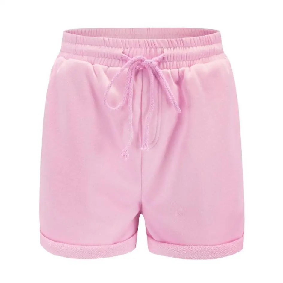 Повседневные женские шорты Фитнес-шорты Женщины Летняя одежда Брюки сплошной шнурок хлопок Высокая талия Шорты#442 - Цвет: Розовый