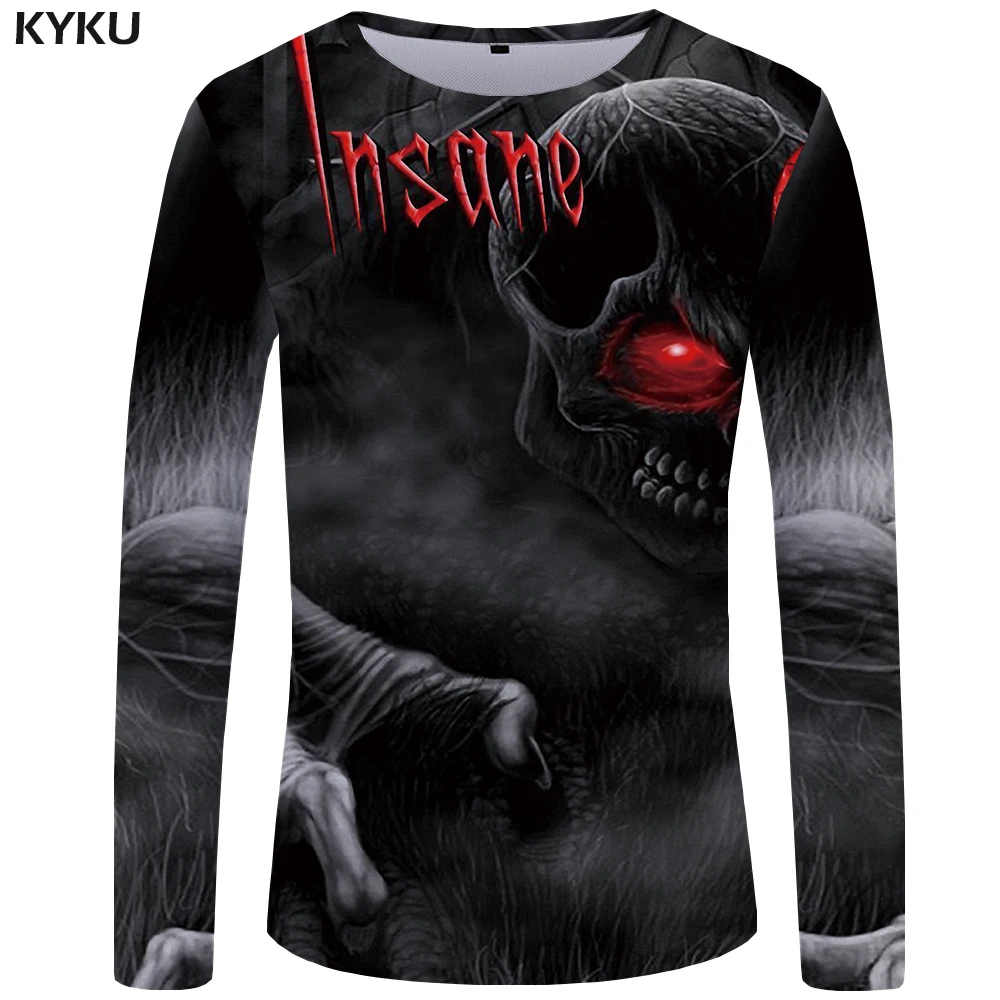 KYKU бренд череп футболка Для мужчин длинная рубашка с рукавами черного цвета в стиле панк дьявол уличная рок с принтами футболка рок Графический Для мужчин s Костюмы