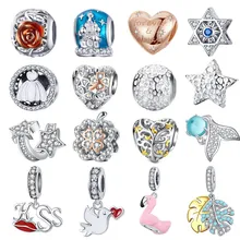 Браслет Pandora, серебро 925,, CZ, птица, хвост русалки, звезда, амулеты, клевер, поцелуй, зажим, розовое сердце, бусины для изготовления ювелирных изделий