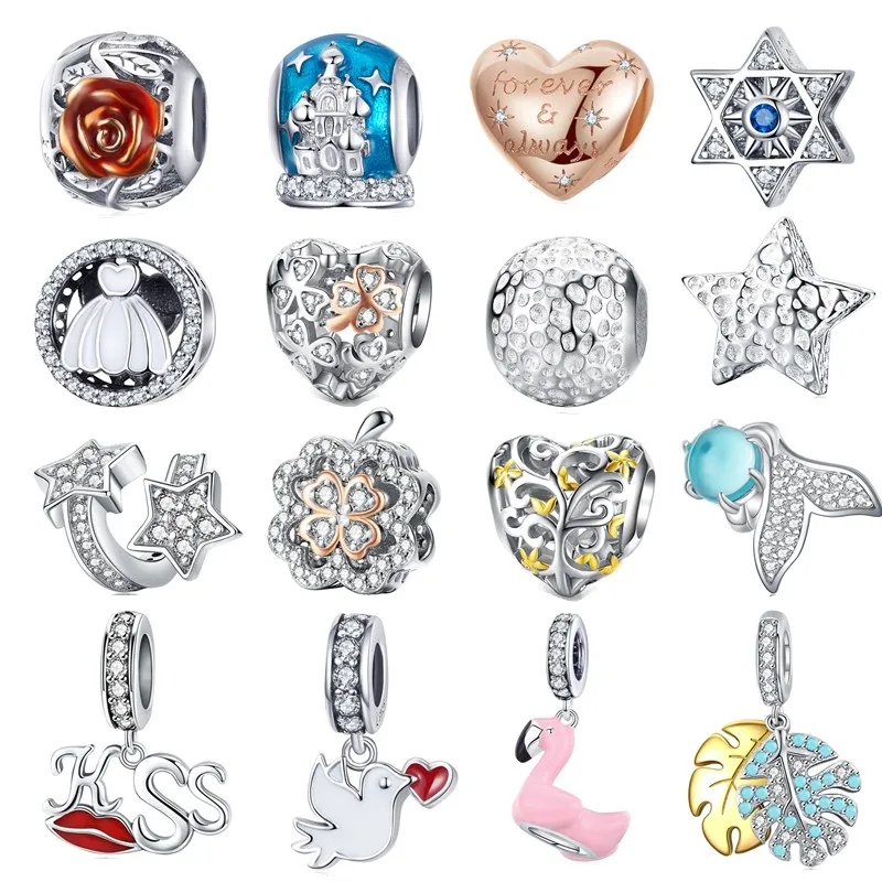 

fit Pandora Bracelet Silver 925 Original CZ Bird Mermaid Tail Star Charms Clover Kiss Clip Rose Heart Beads for Jewelry Making