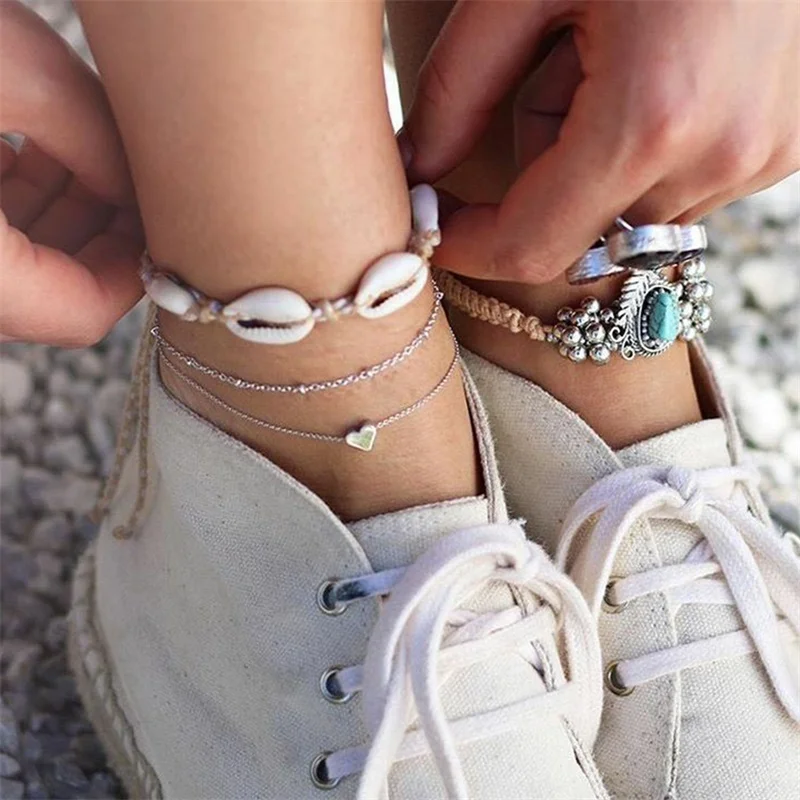 EN Bohemia Anklet 2019 Vintage Seashell Heart Female Bead Chain Anklet Summer Beach Shell Leg Anklet Jewelry EN Bohemia Anklet 2019 Vintage Seashell Heart Female Bead Chain Anklet Summer Beach Shell Leg Anklet Jewelry