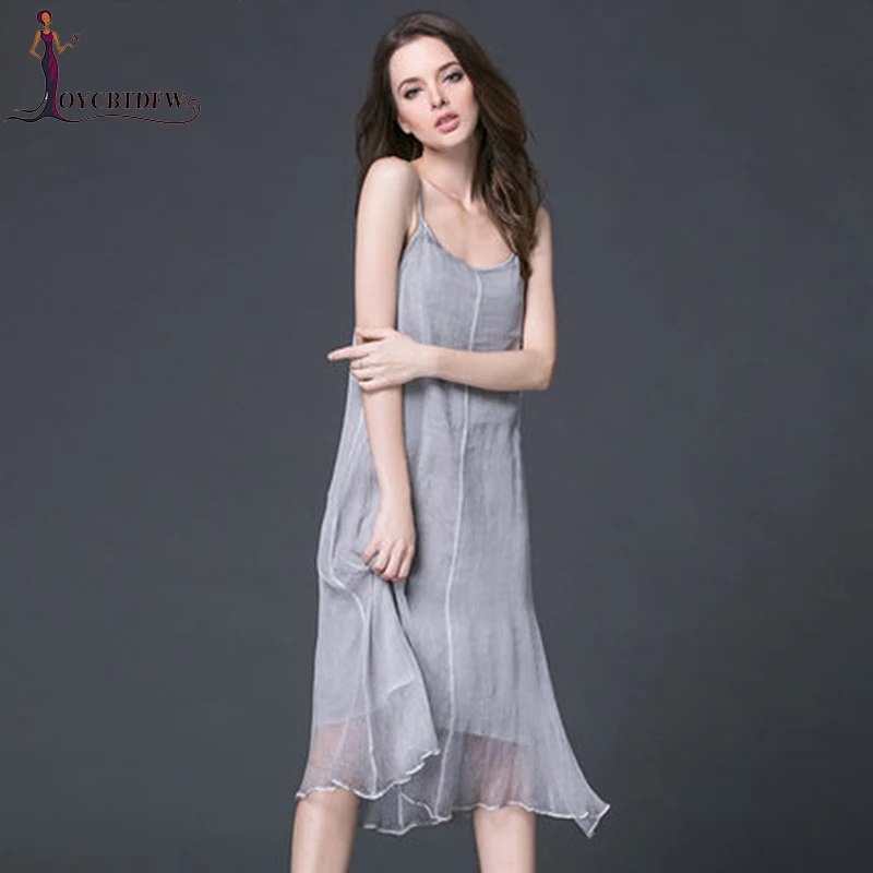 

Summer Large Size M-4XL Women 100% Silk Dress 2018 New Fashion Sling Ladies Dress Solid Color Beach Casual Female Dresses NO244